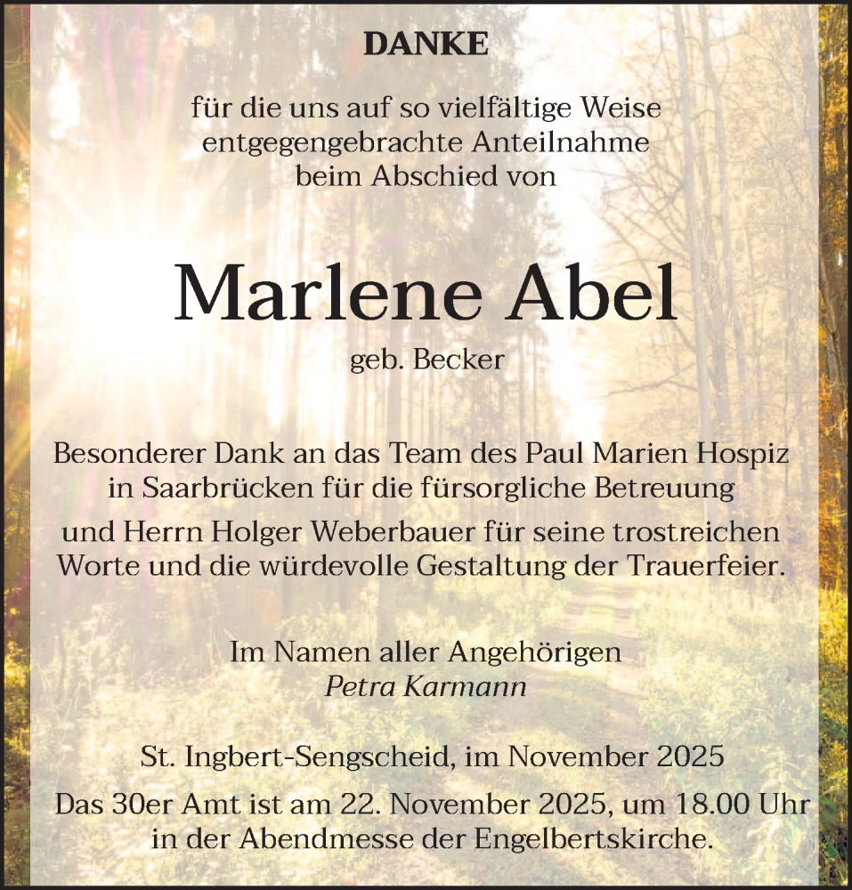  Traueranzeige für Marlene Abel vom 08.11.2025 aus saarbruecker_zeitung