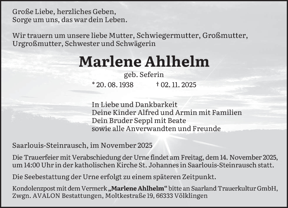  Traueranzeige für Marlene Ahlhelm vom 08.11.2025 aus saarbruecker_zeitung
