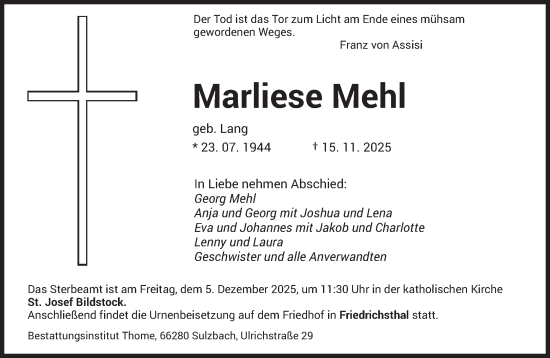 Traueranzeige von Marliese Mehl von saarbruecker_zeitung