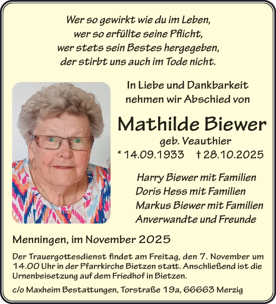 Traueranzeige von Mathilde Biewer von saarbruecker_zeitung
