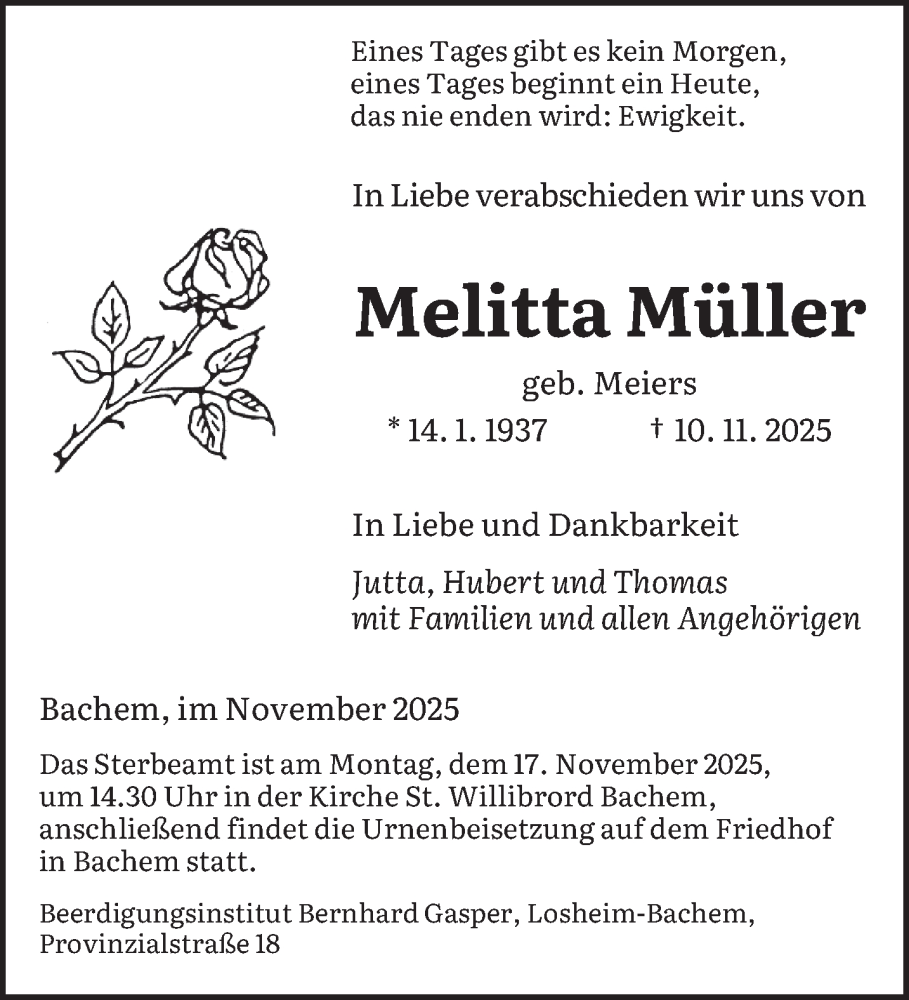  Traueranzeige für Melitta Müller vom 15.11.2025 aus saarbruecker_zeitung