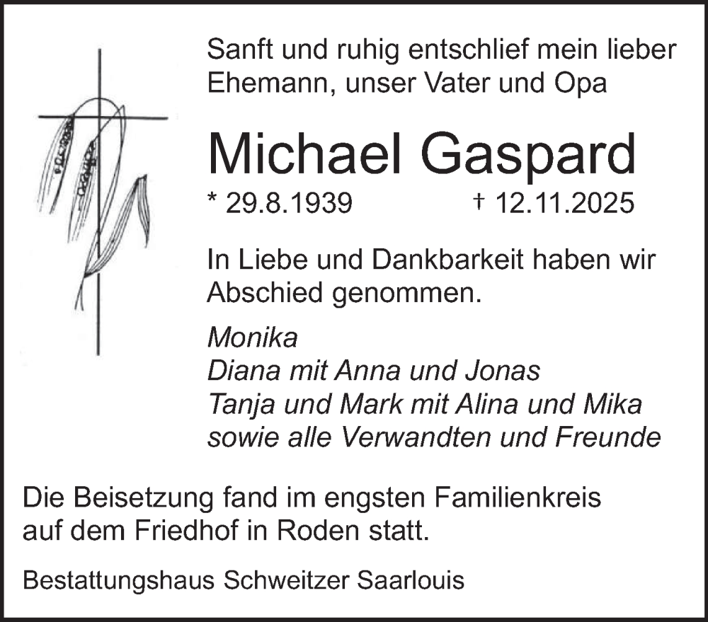  Traueranzeige für Michael Gaspard vom 29.11.2025 aus saarbruecker_zeitung