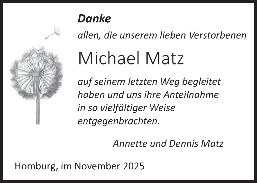  Traueranzeige für Michael Matz vom 22.11.2025 aus saarbruecker_zeitung