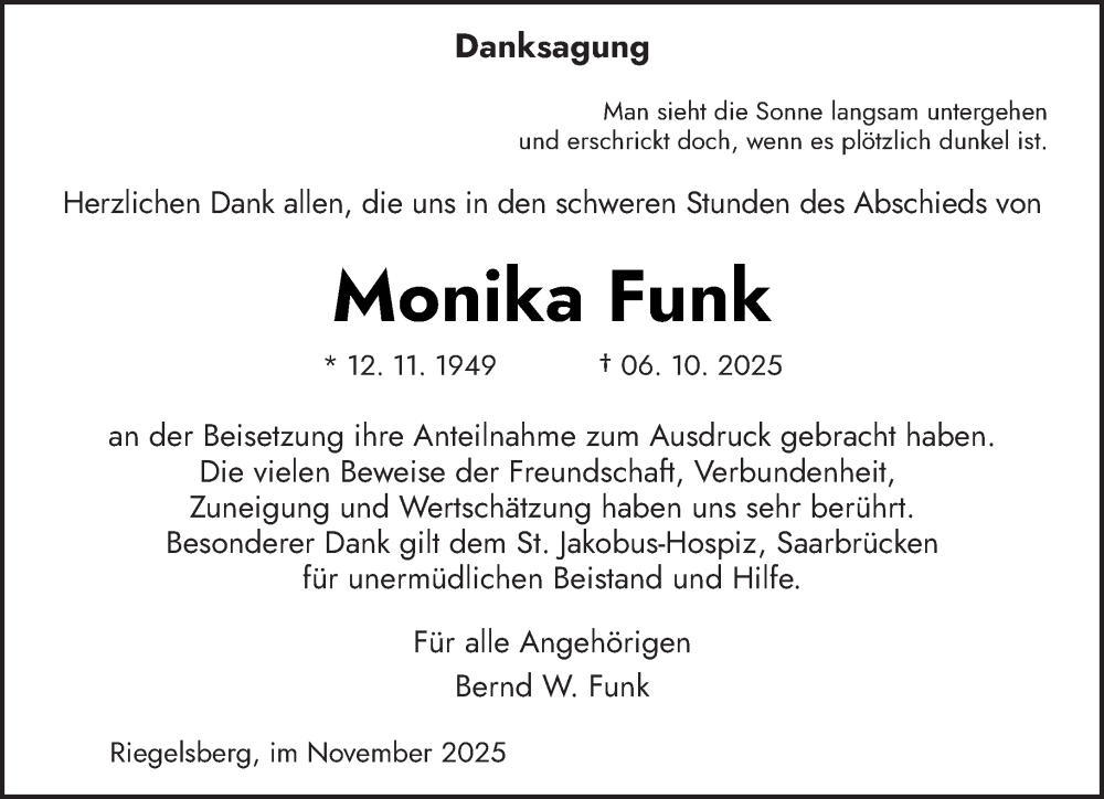  Traueranzeige für Monika Funk vom 22.11.2025 aus saarbruecker_zeitung