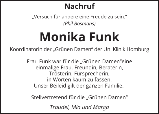 Traueranzeige von Monika Funk von saarbruecker_zeitung
