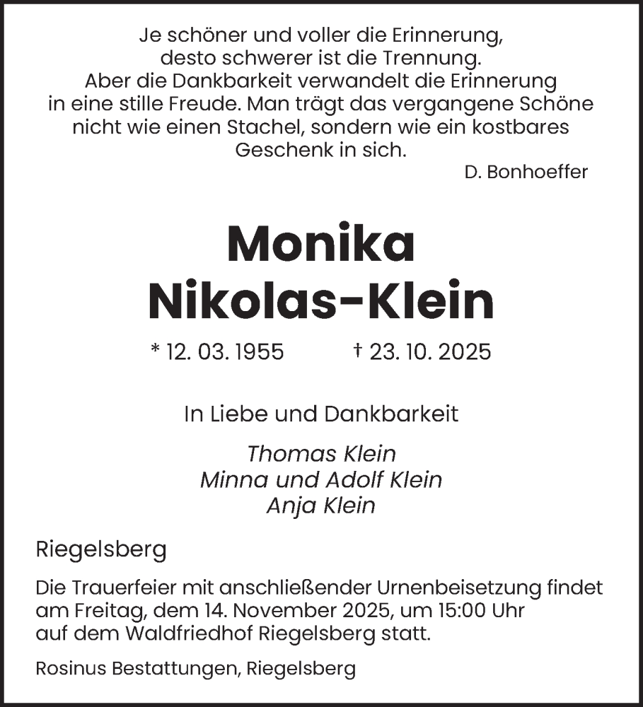  Traueranzeige für Monika Nikolas-Klein vom 08.11.2025 aus saarbruecker_zeitung