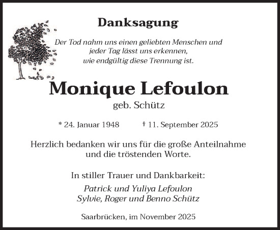 Traueranzeige von Monique Lefoulon von saarbruecker_zeitung