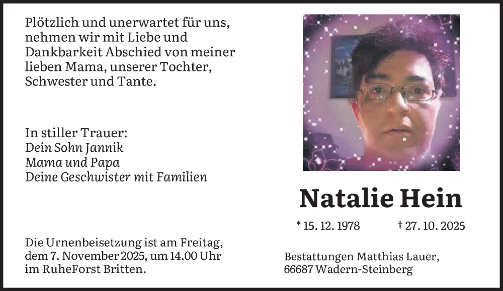  Traueranzeige für Natalie Hein vom 04.11.2025 aus saarbruecker_zeitung