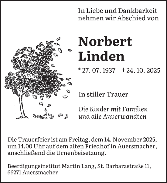 Traueranzeige von Norbert Linden von saarbruecker_zeitung
