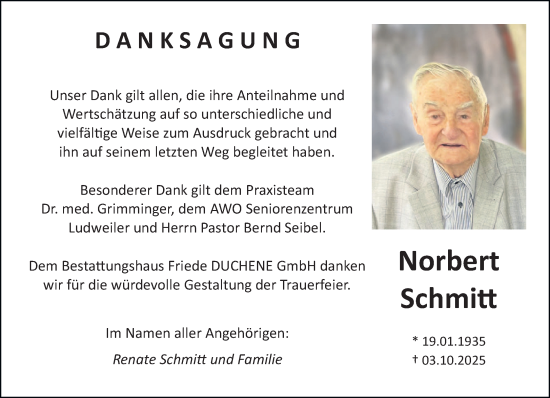 Traueranzeige von Norbert Schmitt von saarbruecker_zeitung