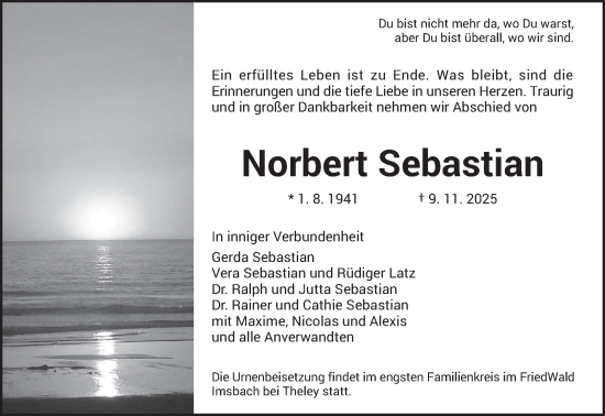 Traueranzeige von Norbert Sebastian von saarbruecker_zeitung