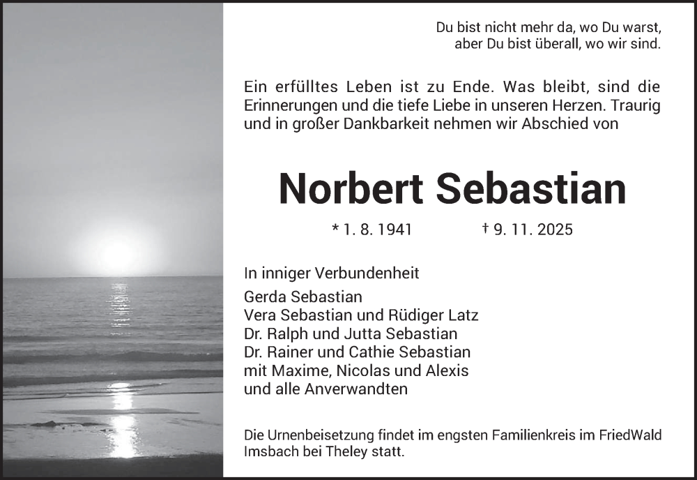  Traueranzeige für Norbert Sebastian vom 22.11.2025 aus saarbruecker_zeitung
