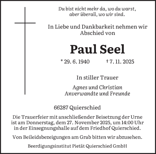 Traueranzeige von Paul Seel von saarbruecker_zeitung