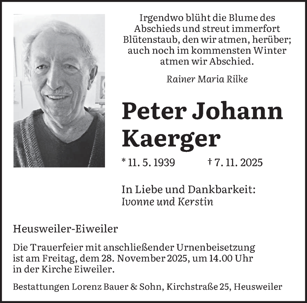  Traueranzeige für Peter Johann Kaerger vom 22.11.2025 aus saarbruecker_zeitung