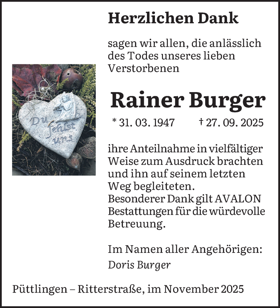  Traueranzeige für Rainer Burger vom 08.11.2025 aus saarbruecker_zeitung