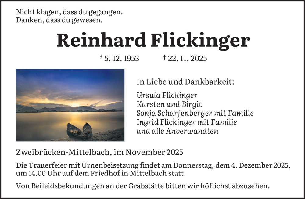  Traueranzeige für Reinhard Flickinger vom 29.11.2025 aus saarbruecker_zeitung