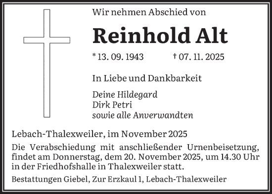 Traueranzeige von Reinhold Alt von saarbruecker_zeitung