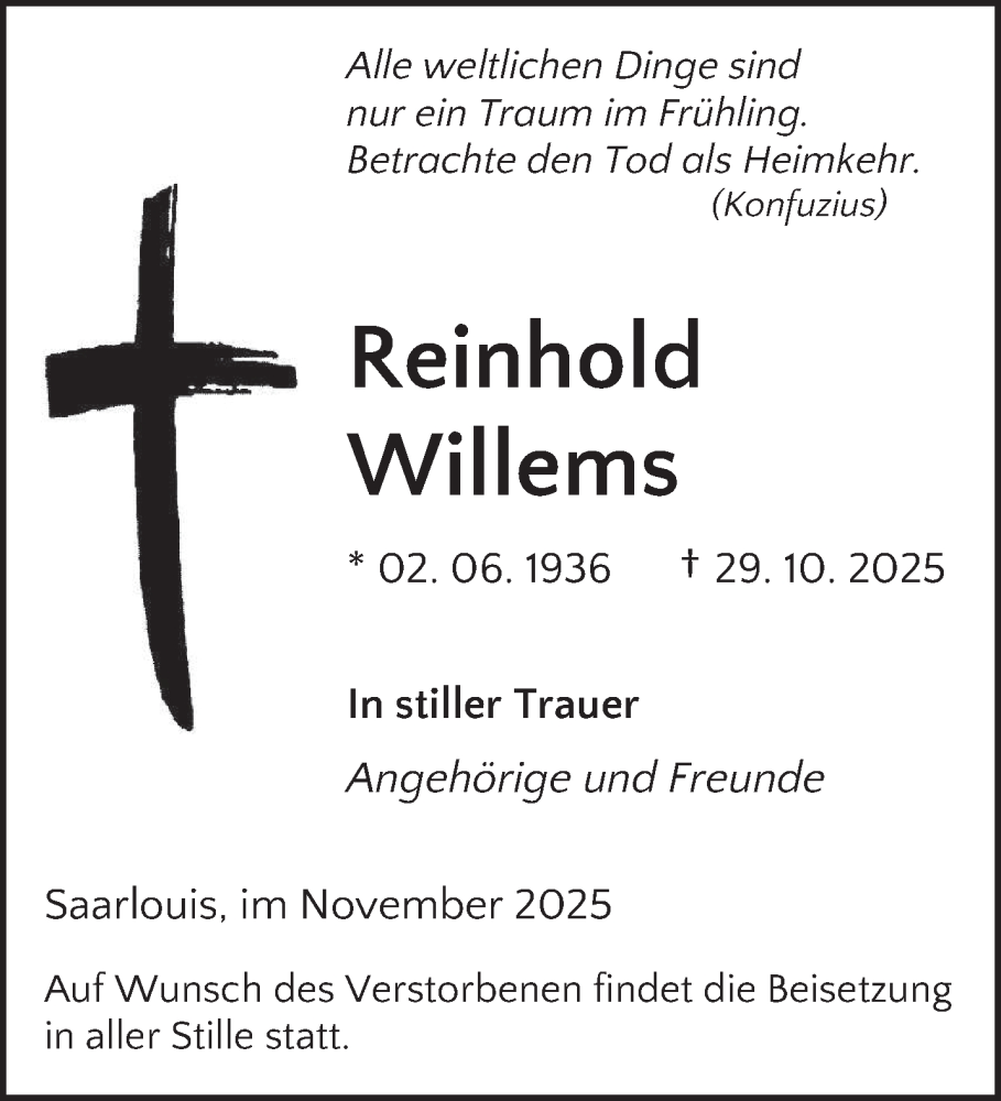  Traueranzeige für Reinhold Willems vom 08.11.2025 aus saarbruecker_zeitung