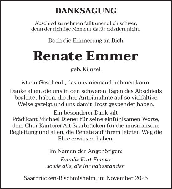 Traueranzeige von Renate Emmer von saarbruecker_zeitung