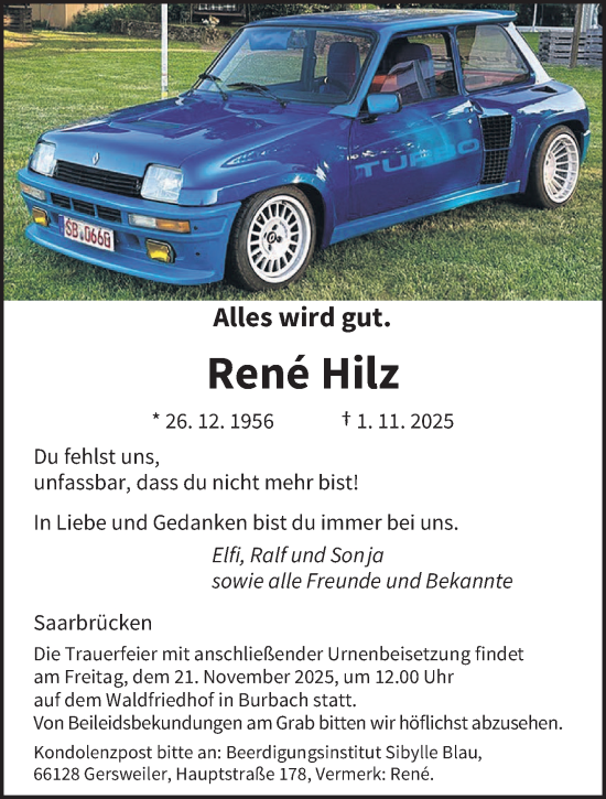 Traueranzeige von René Hilz von saarbruecker_zeitung