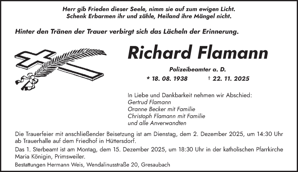  Traueranzeige für Richard Flamann vom 29.11.2025 aus saarbruecker_zeitung