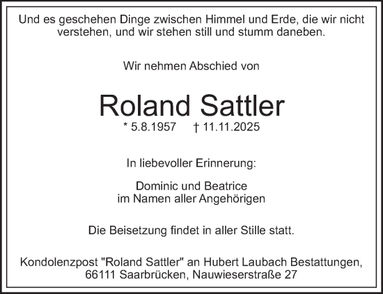 Traueranzeige von Roland Sattler von saarbruecker_zeitung