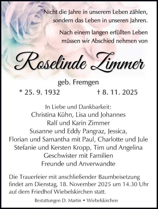 Traueranzeige von Roselinde Zimmer von saarbruecker_zeitung