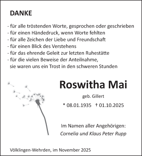 Traueranzeige von Roswitha Mai von saarbruecker_zeitung