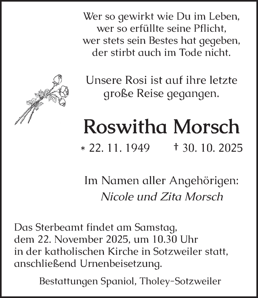  Traueranzeige für Roswitha Morsch vom 15.11.2025 aus saarbruecker_zeitung
