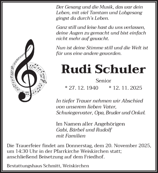 Traueranzeige von Rudi Schuler von saarbruecker_zeitung
