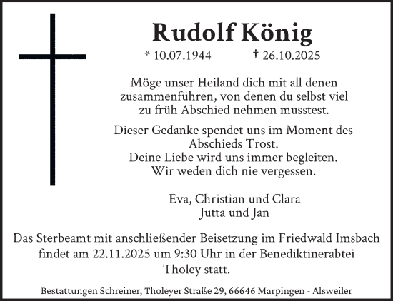 Traueranzeige von Rudolf König von saarbruecker_zeitung