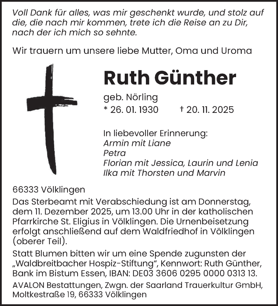  Traueranzeige für Ruth Günther vom 29.11.2025 aus saarbruecker_zeitung