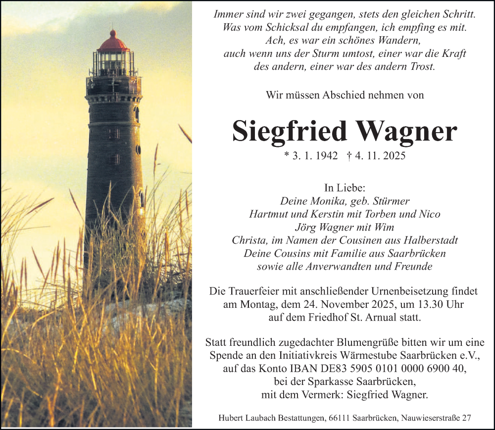  Traueranzeige für Siegfried Wagner vom 15.11.2025 aus saarbruecker_zeitung