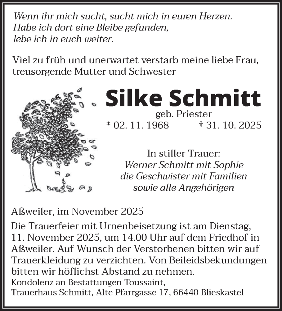  Traueranzeige für Silke Schmitt vom 08.11.2025 aus saarbruecker_zeitung