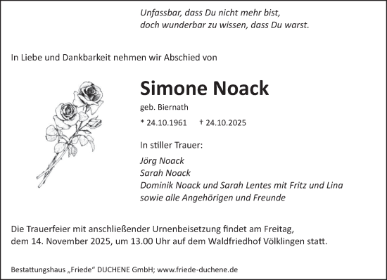 Traueranzeige von Simone Noack von saarbruecker_zeitung