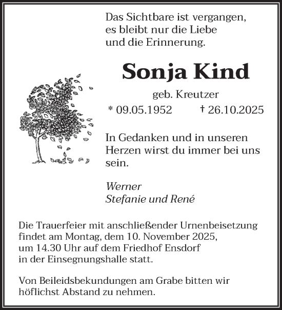 Traueranzeige von Sonja Kind von saarbruecker_zeitung