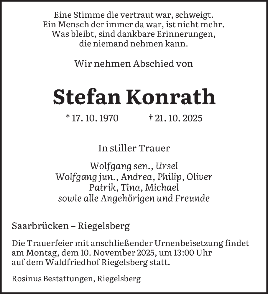  Traueranzeige für Stefan Konrath vom 31.10.2025 aus saarbruecker_zeitung