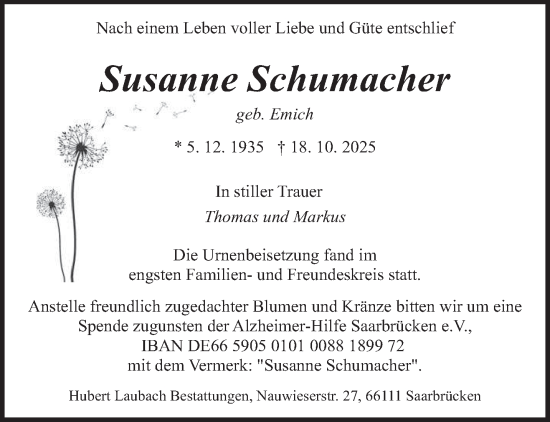 Traueranzeige von Susanne Schumacher von saarbruecker_zeitung
