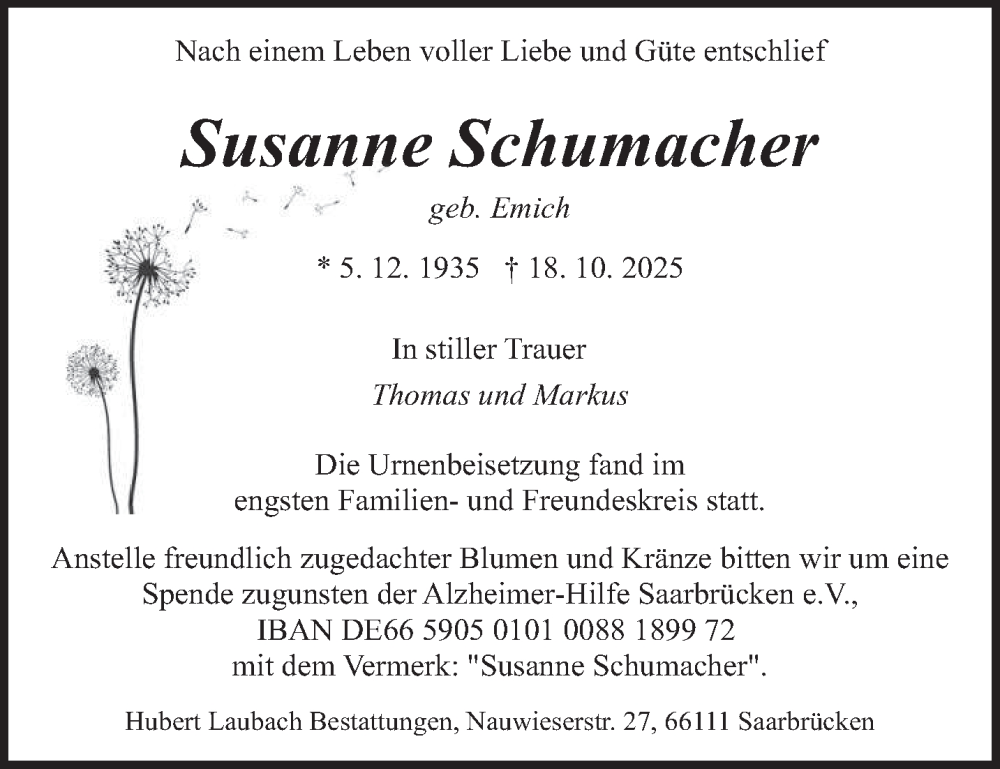  Traueranzeige für Susanne Schumacher vom 08.11.2025 aus saarbruecker_zeitung