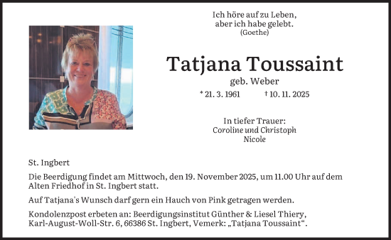 Traueranzeige von Tatjana Toussaint von saarbruecker_zeitung