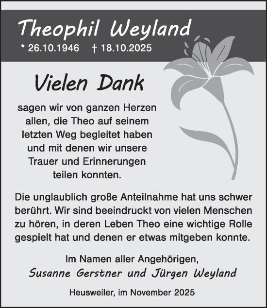 Traueranzeige von Theophil Weyland von saarbruecker_zeitung