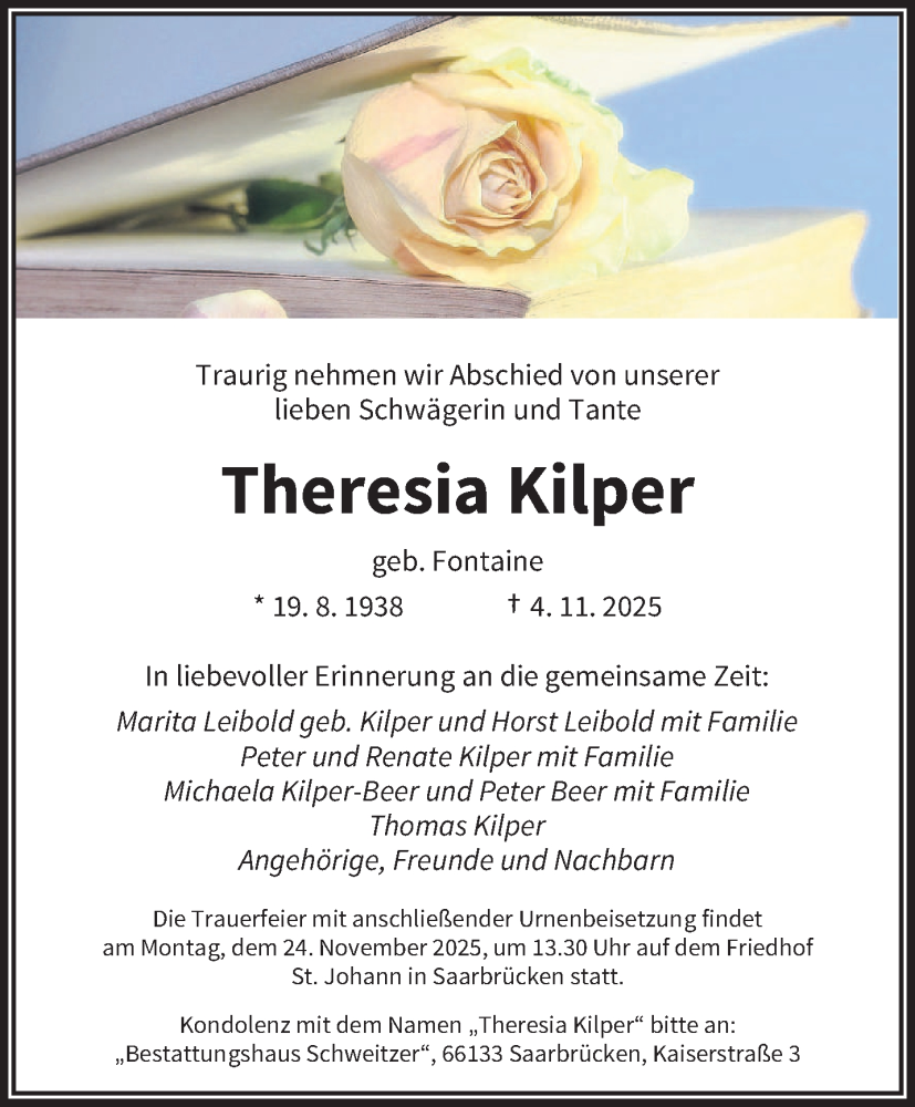  Traueranzeige für Theresia Kilper vom 15.11.2025 aus saarbruecker_zeitung