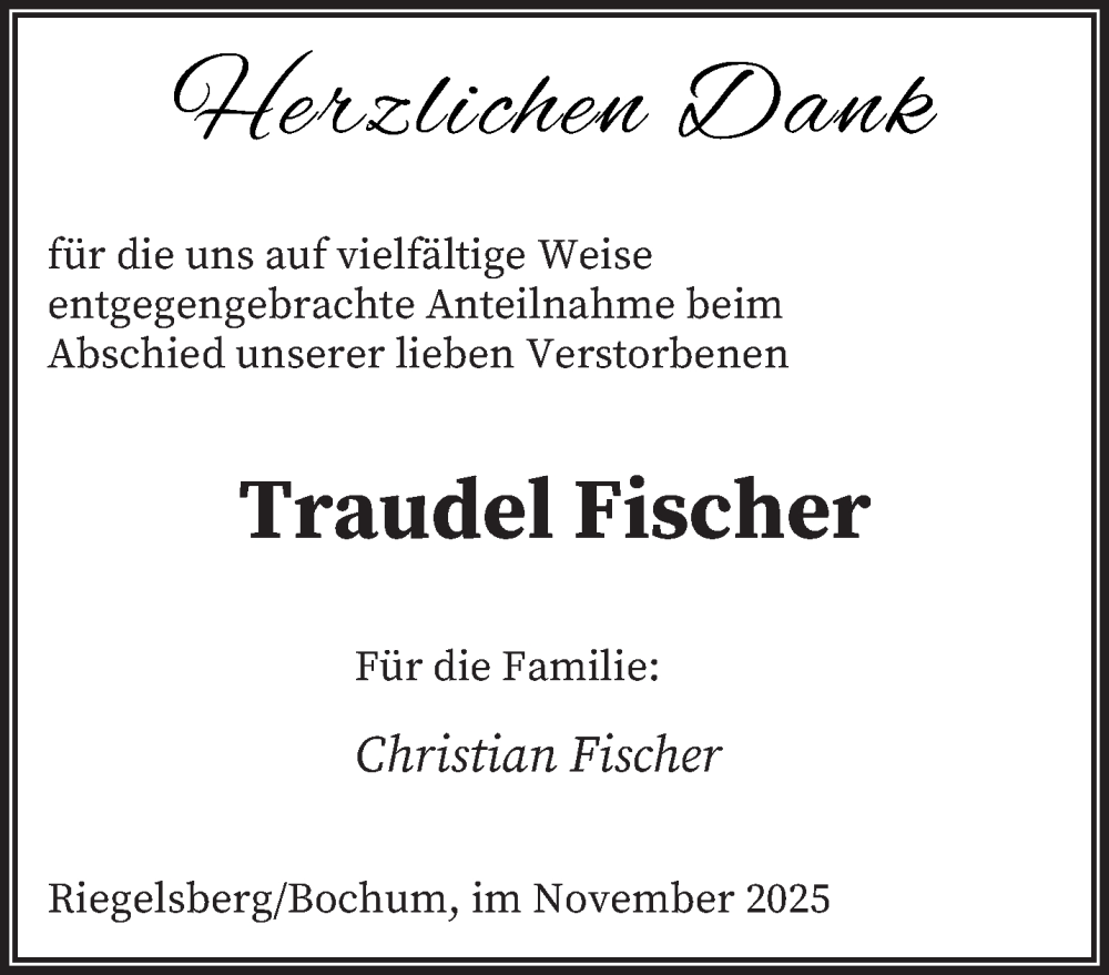  Traueranzeige für Traudel Fischer vom 29.11.2025 aus saarbruecker_zeitung