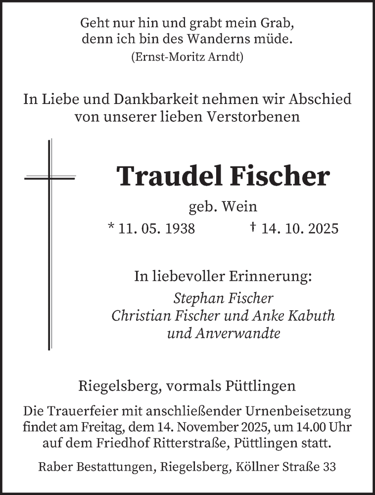  Traueranzeige für Traudel Fischer vom 31.10.2025 aus saarbruecker_zeitung