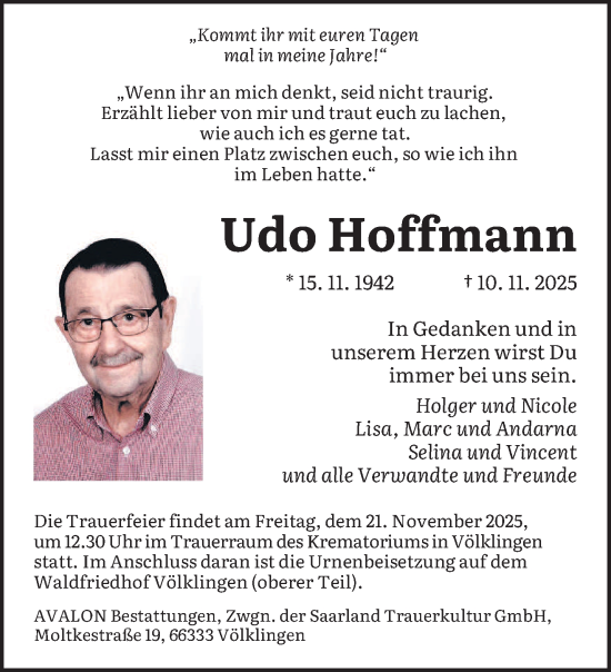 Traueranzeige von Udo Hoffmann von saarbruecker_zeitung