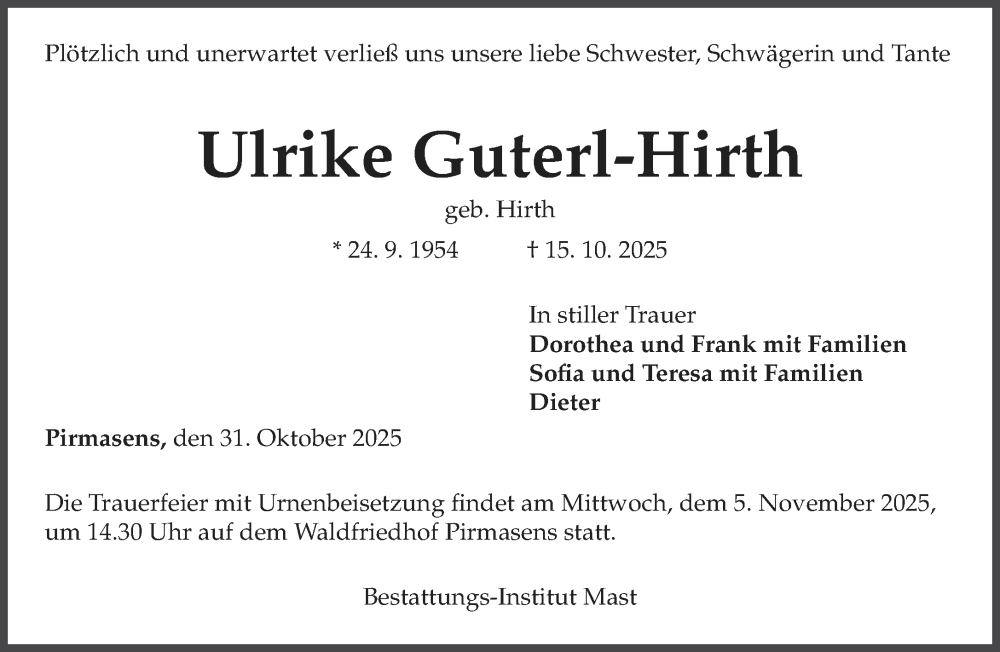  Traueranzeige für Ulrike Guterl-Hirth vom 31.10.2025 aus saarbruecker_zeitung