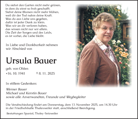 Traueranzeige von Ursula Bauer von saarbruecker_zeitung