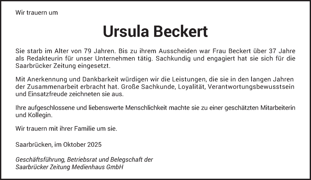  Traueranzeige für Ursula Beckert vom 31.10.2025 aus saarbruecker_zeitung