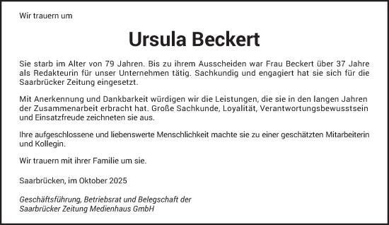 Traueranzeige von Ursula Beckert von saarbruecker_zeitung