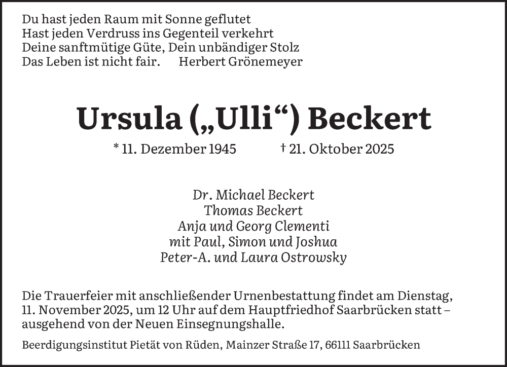  Traueranzeige für Ursula Beckert vom 31.10.2025 aus saarbruecker_zeitung